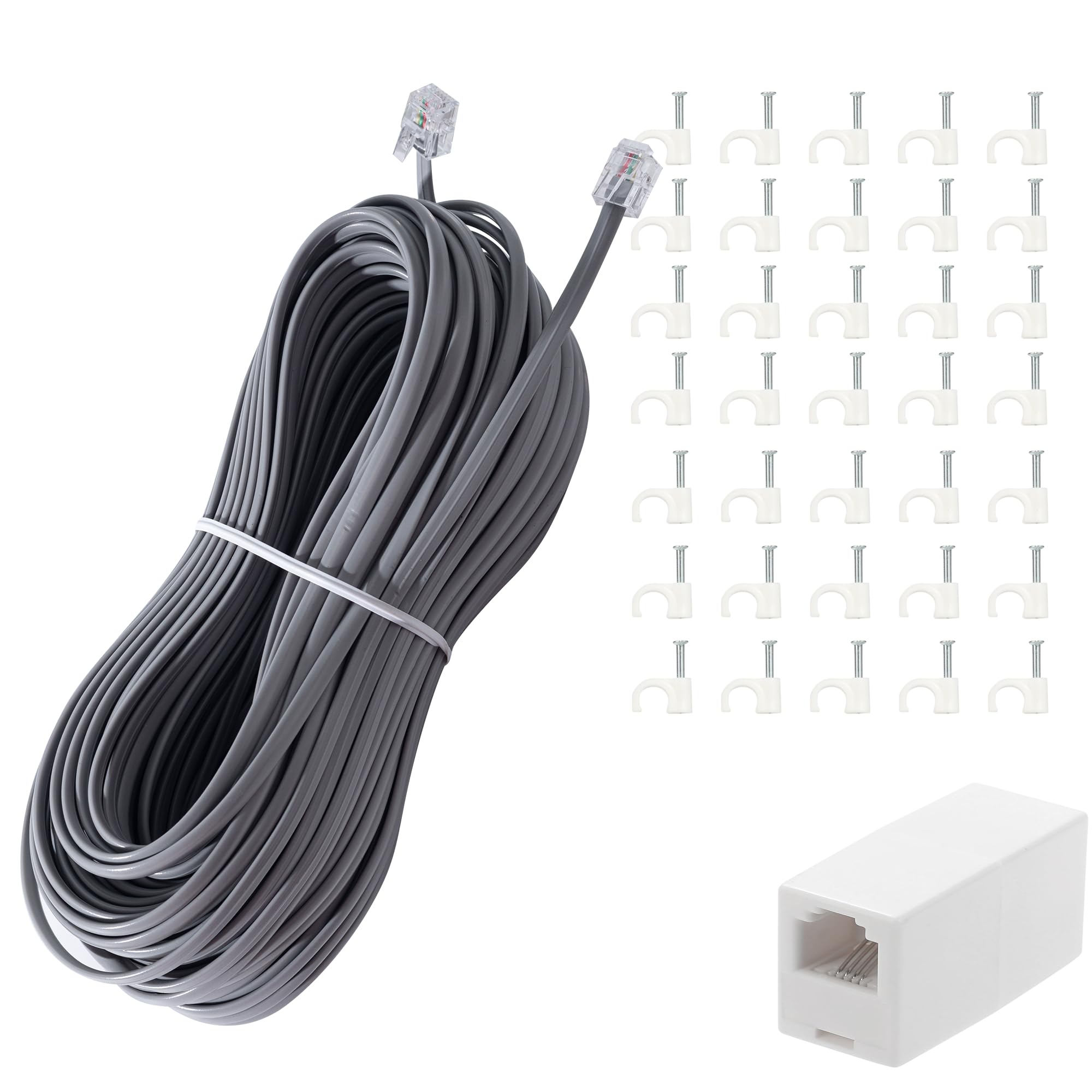 Telefon-Verlängerungskabel, 30 m lang, mit Standard-RJ11-Stecker und Telefon-Inline-Koppler, RJ11-Splitter und 35 Kabel-Clip-Halterungen, Grau