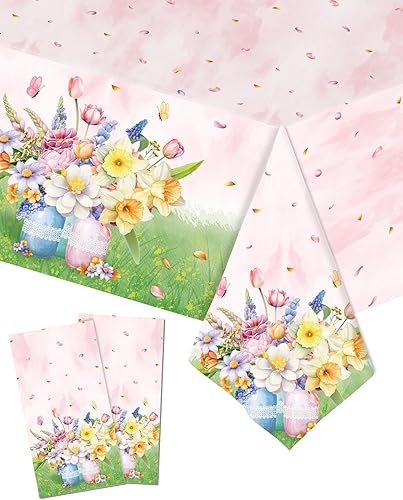 Paquete de 2 manteles de plástico con diseño floral de primavera, funda desechable de flores coloridas rosas para decoración del hogar, verano,