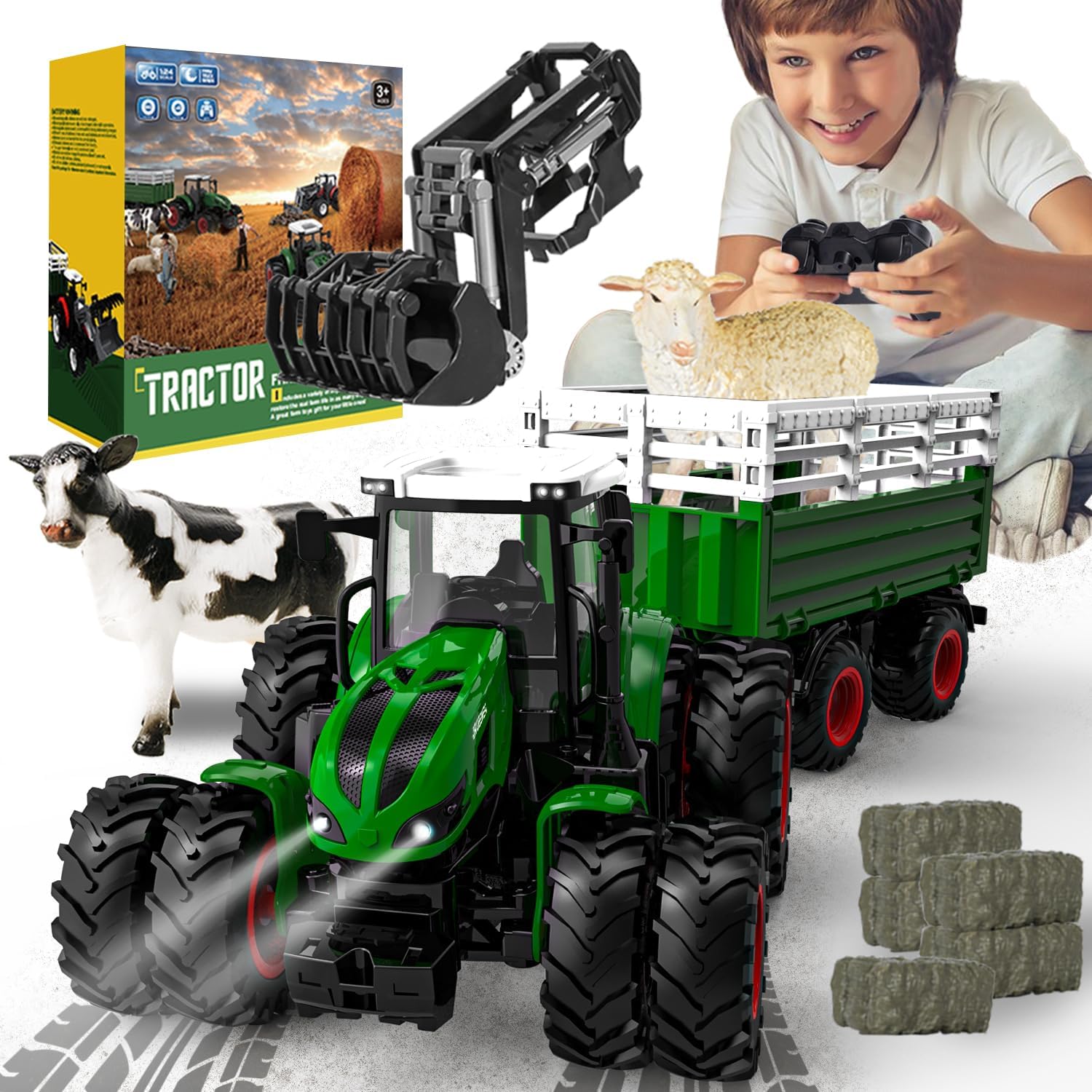 Gohero Remote Control Tractor Toy, 2.4 Ghz RC Tractor Toys for Kids 3-5, Toy Tractors Set with Trailer and Light/Loading Arm, Farm Animal Toys Include Cows, Sheep and Hay Bales, Toys for Boys 5-7