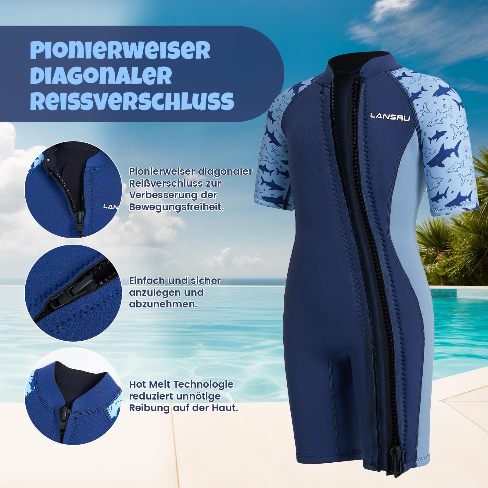 Combinaison courte en néoprène SCR pour enfants de 2 mm - Pour garçons et filles - Matériau plus sûr - Protection UV - Fermeture éclair à l'avant pour les cours de natation - Garde au chaud