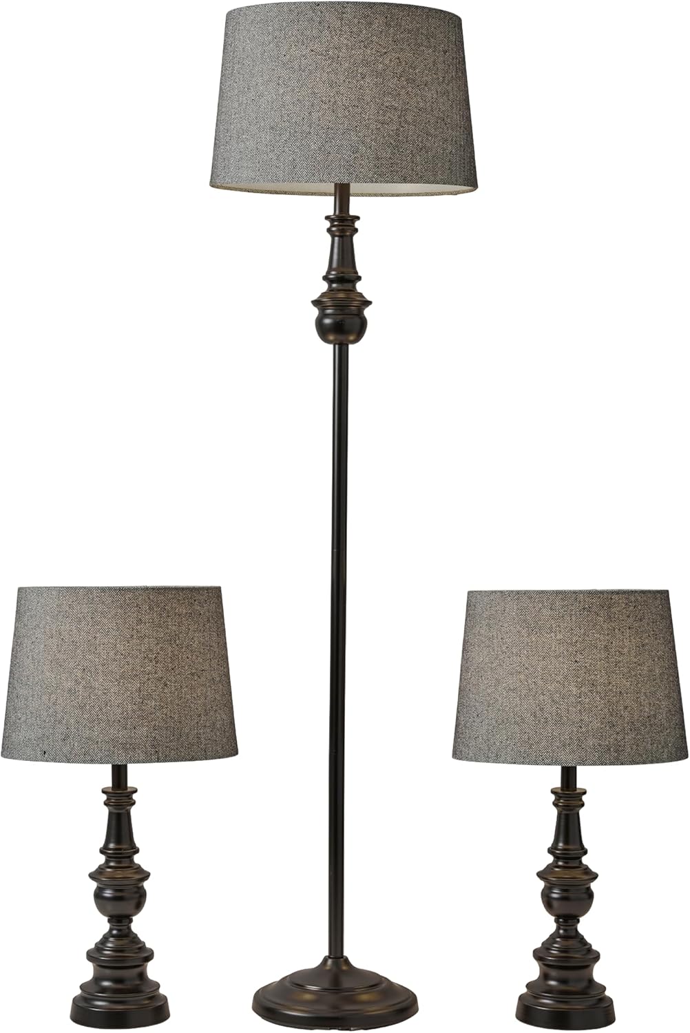 Adesso 3-Piece Lamp Set: Two Table Lamps & One Floor Lamp – Bronze Finished Base, Dark Herringbone Shade, Stylish and Cohesive Lighting for Any Space