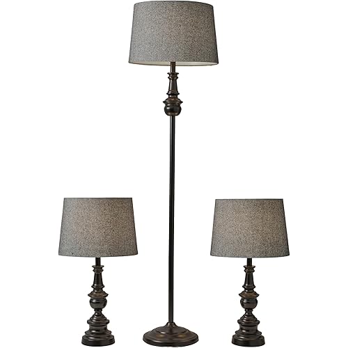 Adesso 3-Piece Lamp Set: Two Table Lamps & One Floor Lamp – Bronze Finished Base, Dark Herringbone Shade, Stylish and Cohesive Lighting for Any Space