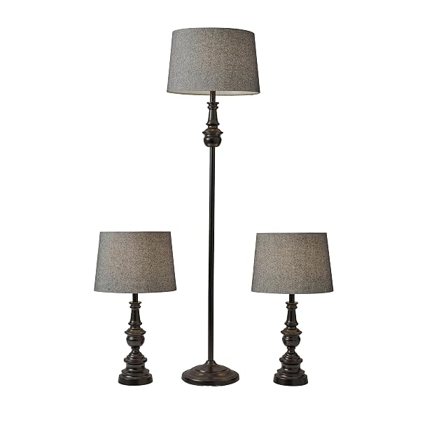 Adesso 3-Piece Lamp Set Two Table Lamps One Floor Lamp Bronze Finished Base Dark Herringbone Shade Stylish and