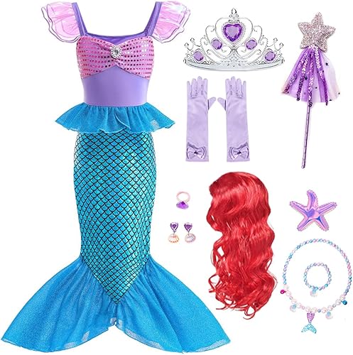 Disfraz de sirena para niñas pequeñas, disfraz de princesa Ariel con accesorios, peluca para fiesta de cumpleaños, Halloween, cosplay
