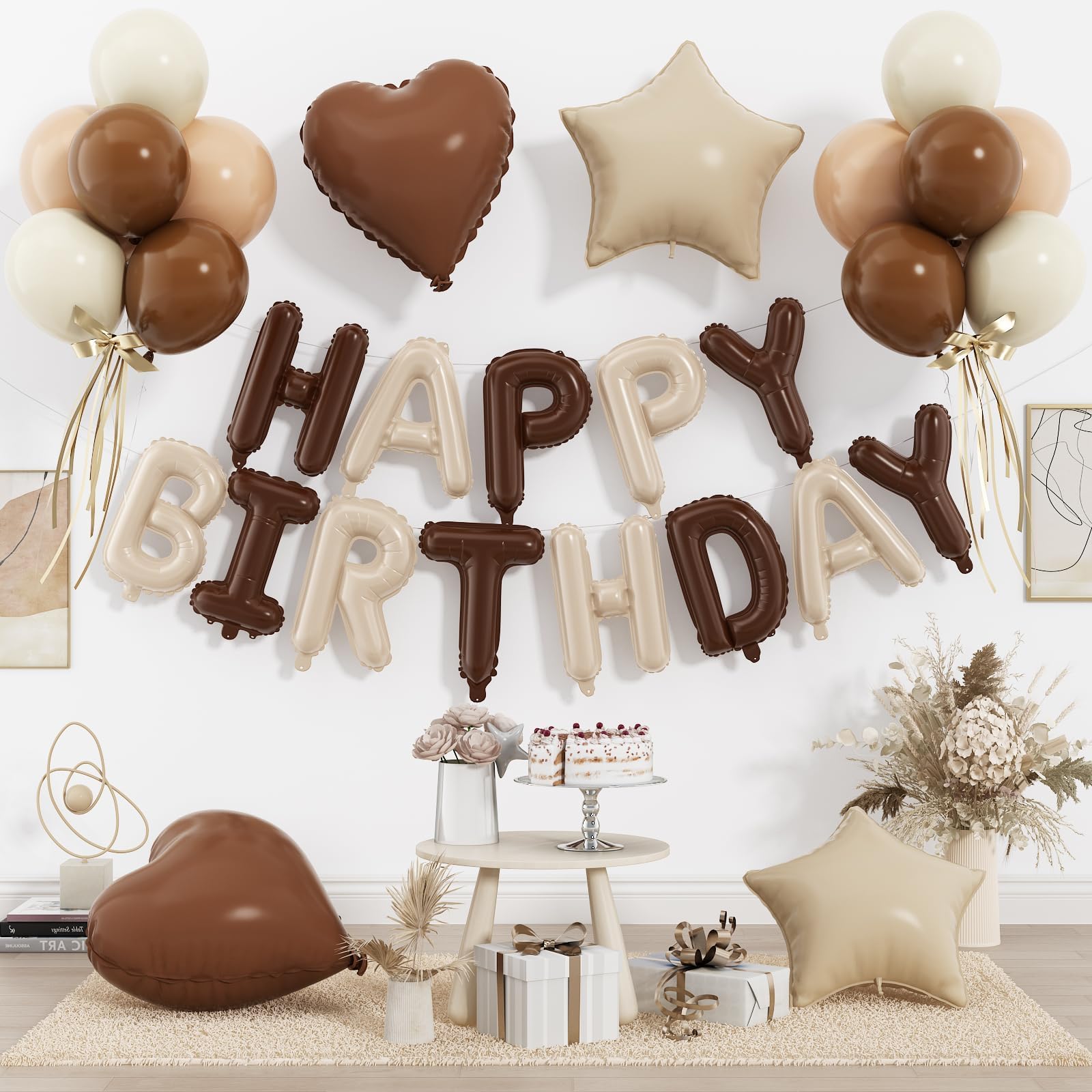 Photo 1 of 29PC Cream Brown Happy Birthday Balloon Banner, 16Inch 3D Aluminum Letter Banner Sign, Brown Apricot Dusty Ivory White Balloon 18 Inch Star Heart Foil Balloon for Women, Men Party Supply