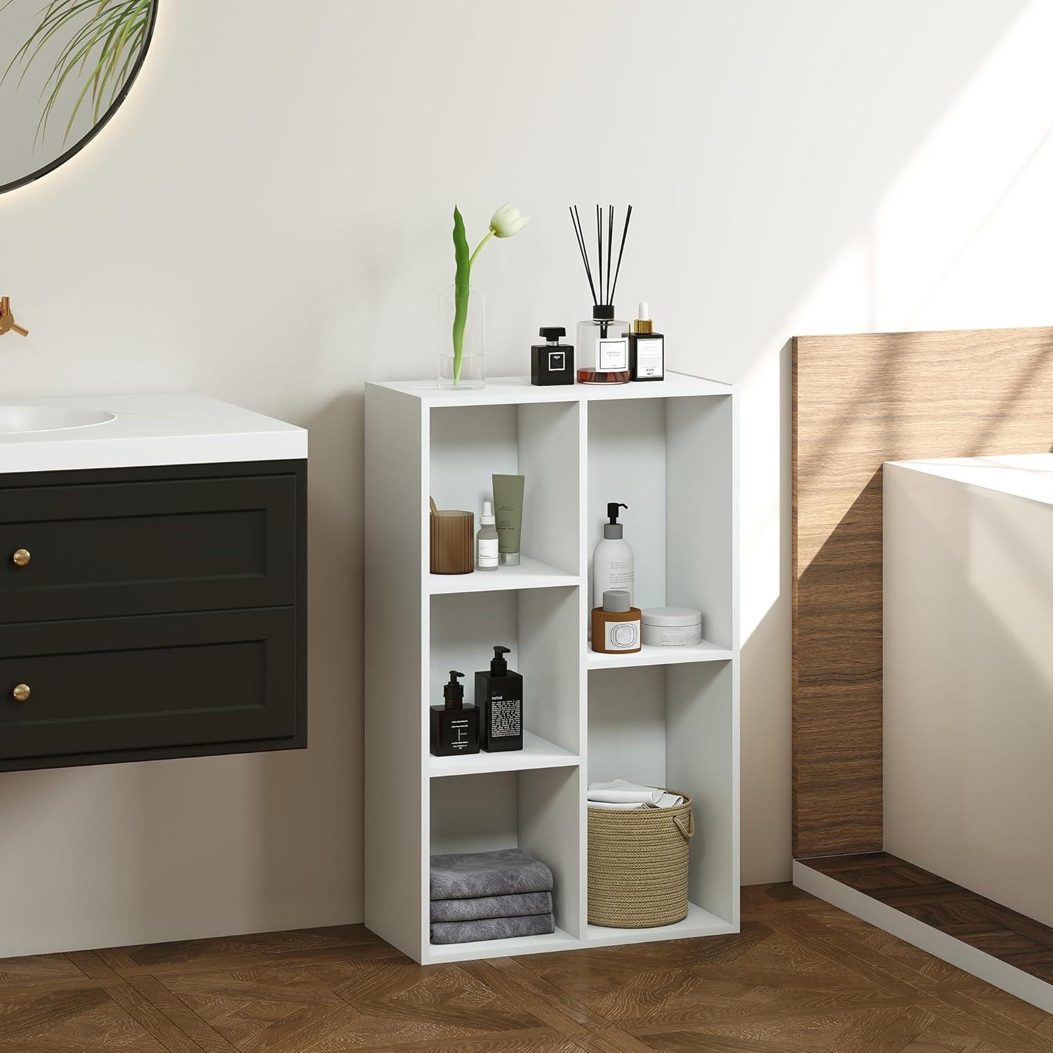 Five Cubes Clothes Organizer for Closet, 19.5 * 9.4 * 31.5 Inches Wood Storage Closet Organizer with Three Shelves, Small Shelf Cabinet for Laundry, Bedroom, White