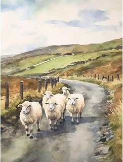 Irish Sheep Painting Ireland Landscape Wall Art Rustic Road Watercolor Print Farming Artwork Farmhouse Decor