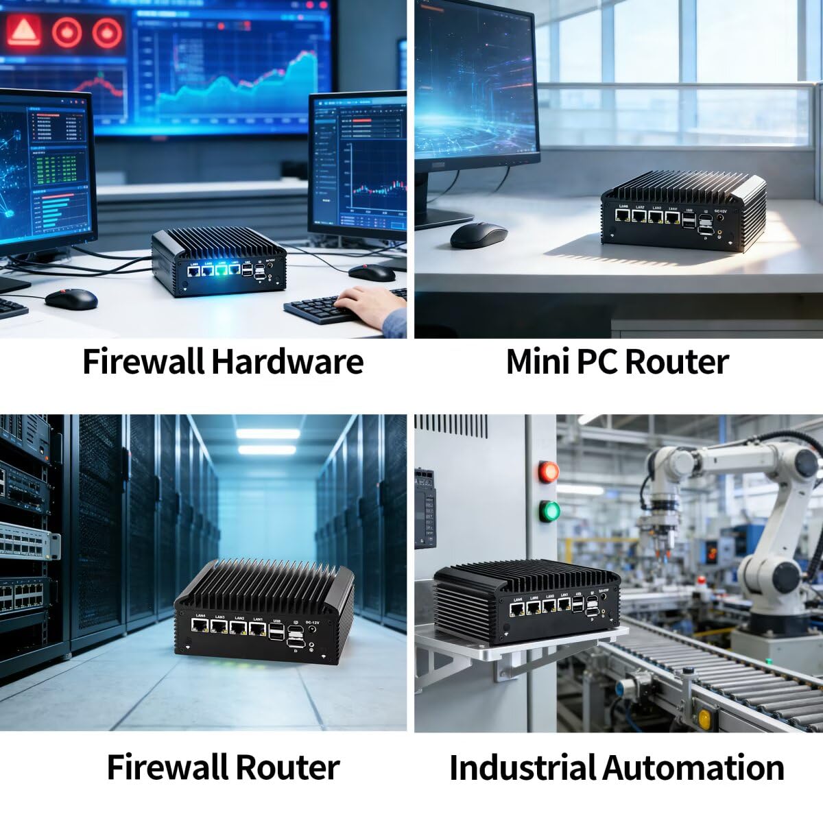 Mini PC N150 Firewall Appliance Industrial Micro Oficina, 4 x 2.5Gbit LAN + 2 RS232 Com, Barebone No Ram No SSD, 6USB, Router/Home Server Computadora Hardware Ventilador Sin, HD DP Slot