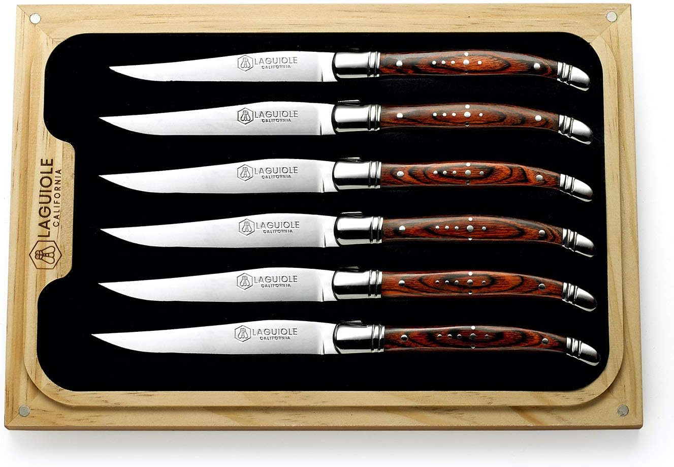 Steak Knives - 6 Piece Rosewood Set - Ergonomic Handles - Stored in a California Oakwood Gift Box - Extremely Sharp Straight Steel Blades are Thick Gauge, Full Tang