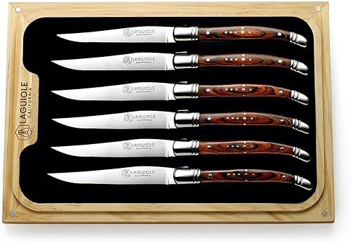 Laguiole California Cuchillos para carne Juego de 6 piezas de palisandro Asas ergonómicas Guardado en una caja de regalo de madera de roble de