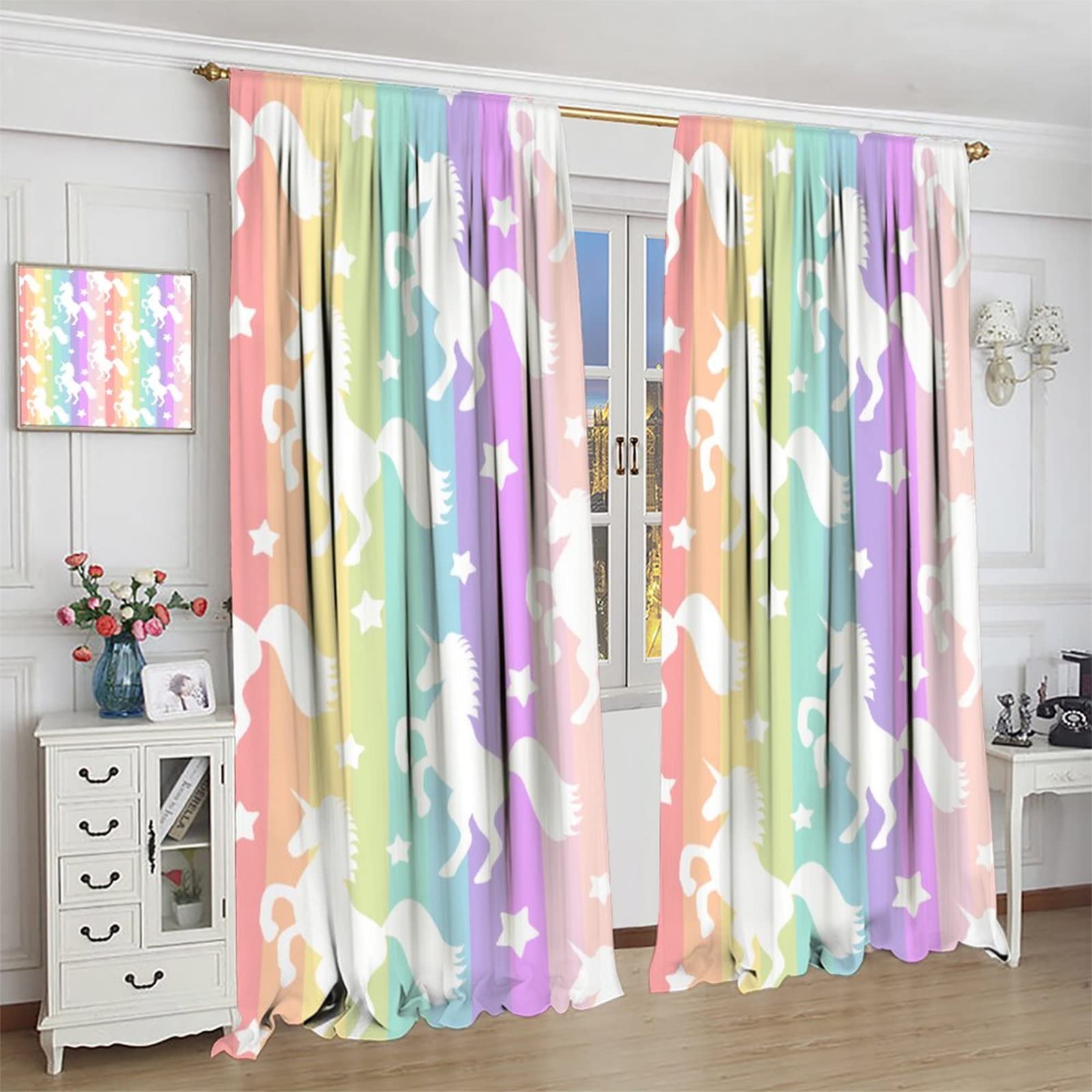 Rainbow Curtains for Living Room, Colorful Rainbow Unicorns & Stars Stripes Decor Window Treatments Kids Baby Girls Bedroom Curtain,Fantasy Style Home Decor Blackout Drapes 2 Panel Set W72xL63in