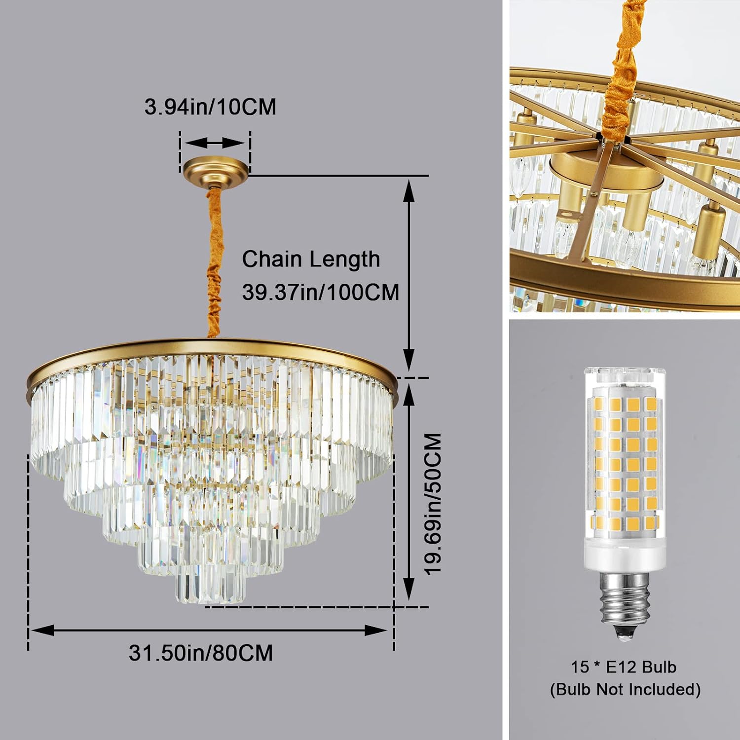 Gold Modern Crystal Chandelier, 5-Tier Round Flush Mount Ceiling Light Fixtures Height Adjustable Pendant Lighting for Dining Room Living Room Bedroom Kitchen Hotel Foyer