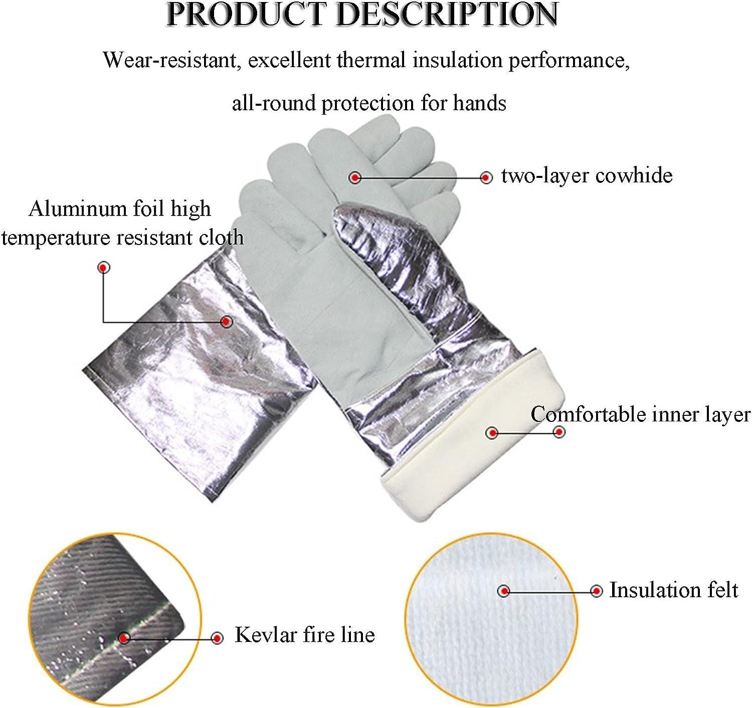 Gartenhandschuhe, schnittfeste Handschuhe, feuerfeste Handschuhe, Verbrühschutzhandschuhe aus Rindsleder, Aluminiumfolie, Isolierhandschuhe, Schweißhandschuhe, Handschuhe for Metallurgie, Herd, Grill