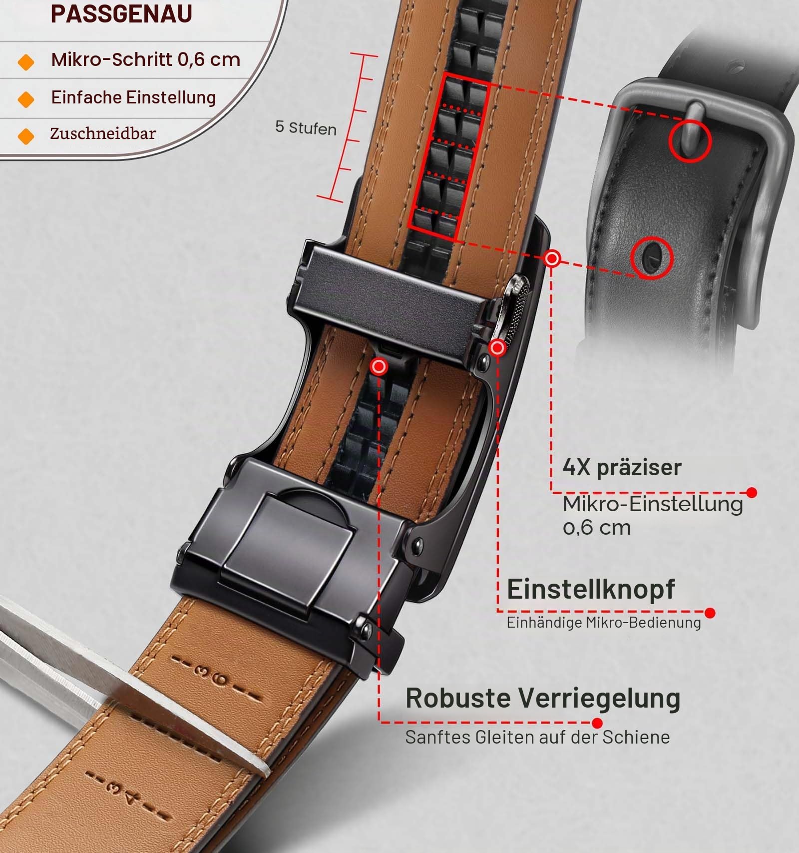 KEMISANT Gürtel Herren 2er Pack, Leder-Ratsche-Gürtel 3,5cm,Größe Angepasst