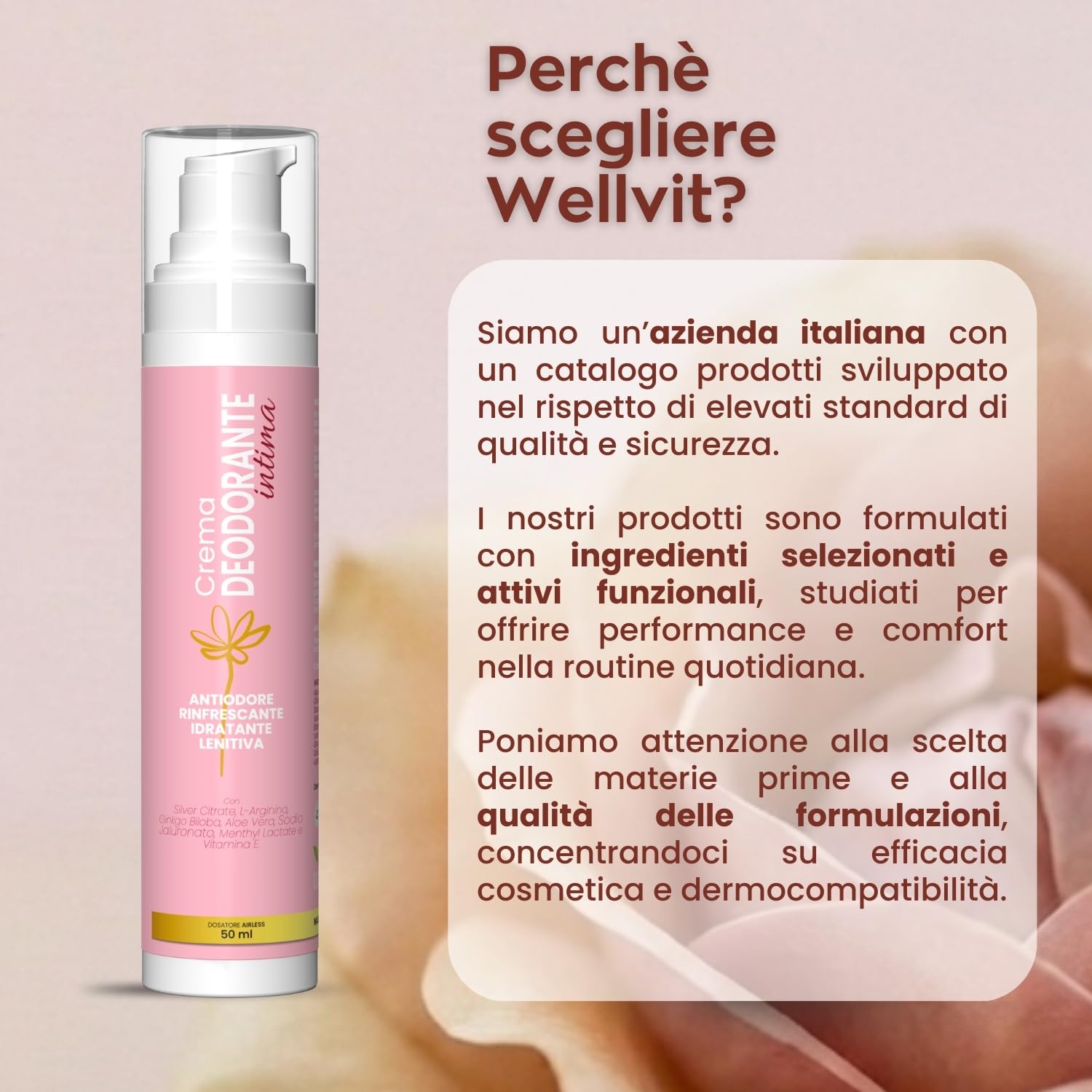 Deodorante Intimo Donna – Delicata Crema Intima Profumata Donna Anti-Odore per l’ Igiene Intima Quotidiana, Azione Fresca e Lenitiva con Aloe Vera, Menta, Arginina e Argento Citrato – 50 ml WELLVIT