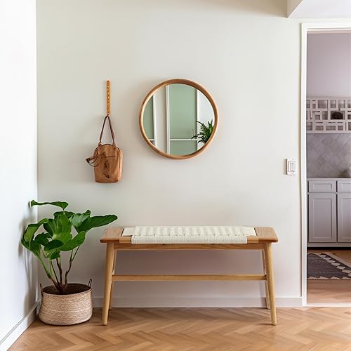 Miniatura 6 de Banco de comedor de madera, roble macizo 100% natural con diseño de ratán, borde redondeado, banco para entrada, comedor, dormitorio, sala de estar