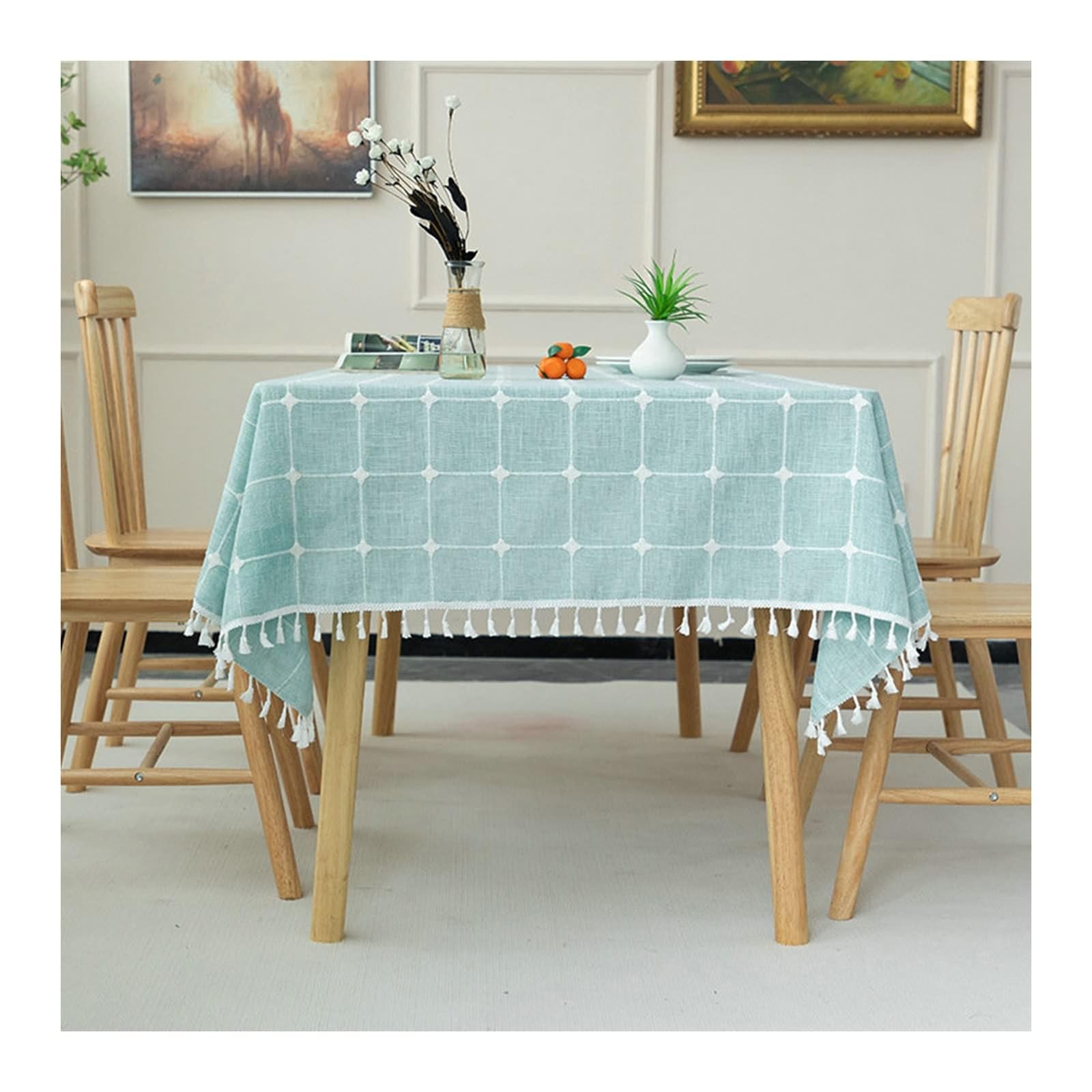 Nappe de table verte 140x180 cm avec glands pour un style raffiné