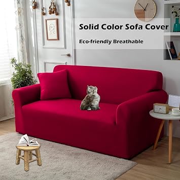 Qubjus Modern Couch Cover Stretch Loveseat Sofa Cover for 2 Cushion Couch Solid Color Non Slip Washable Furniture Protector Sofa Slipcover for Home Decoration(Medium, Red)