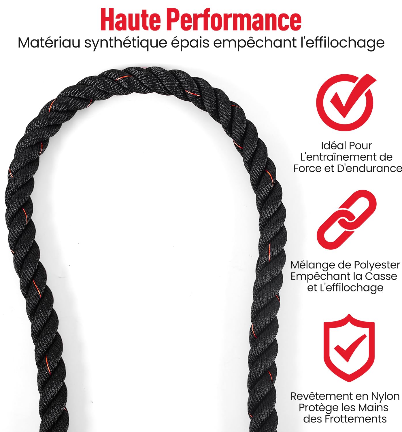 Ultrasport Battle Rope, diamètre 3,8 cm, corde d’entraînement de haute qualité pour l’endurance de force et le développement musculaire, pour un entraînement complet du corps et un functional training