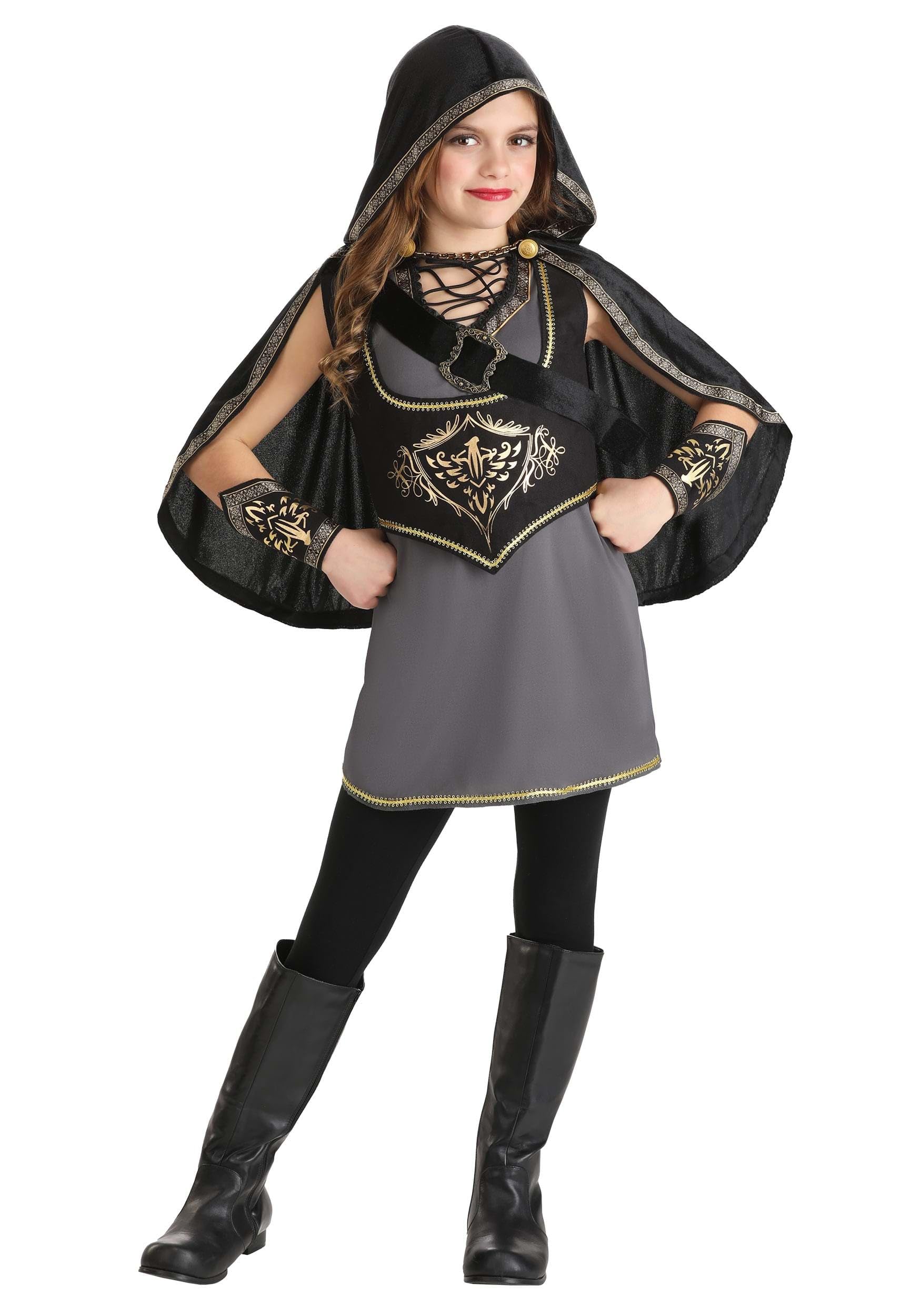Fun CostumesHooded Huntress Costume for Girls - Velour Tunic, Cape, Corset & Bandolier with Wrist Cuffs, Adventurous Outfit