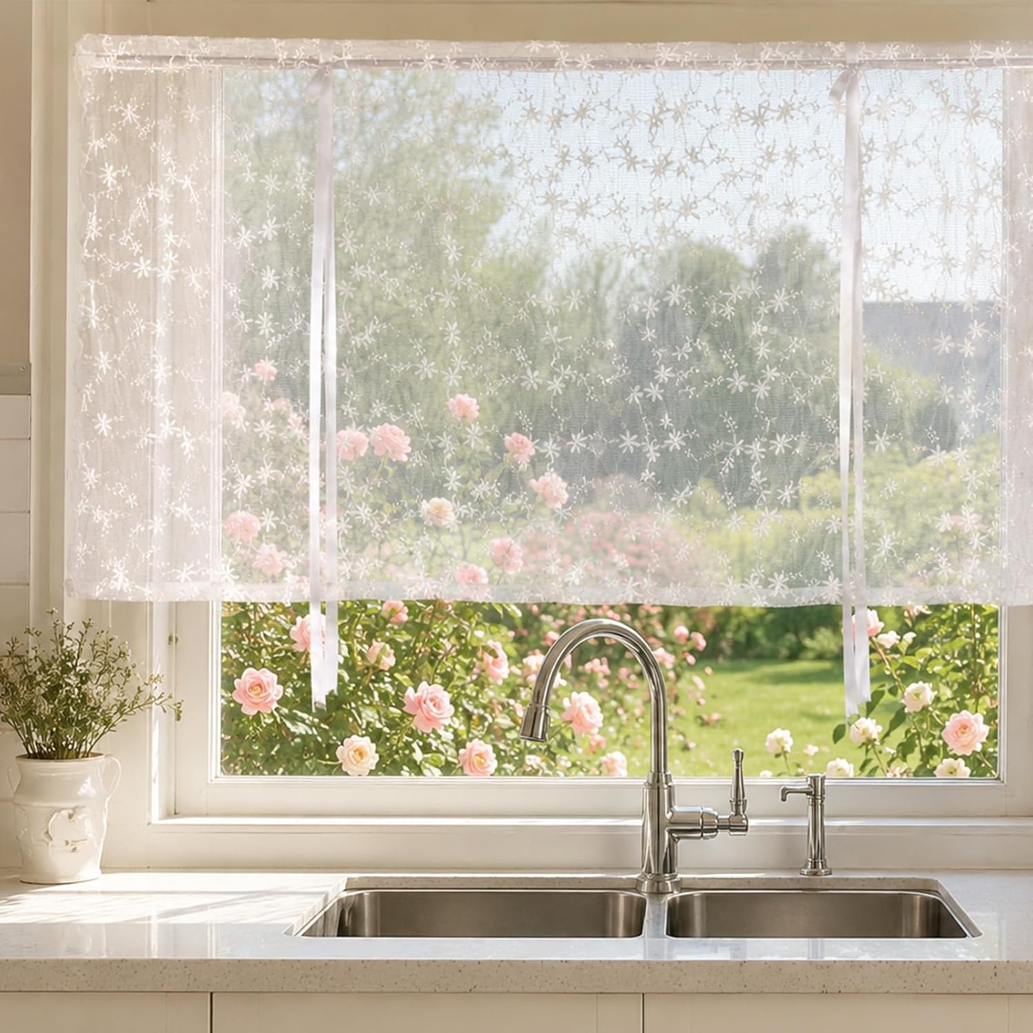 White Floral Lace Cafe Curtain 55"x39" Rod Pocket, Lace Tie Up Curtains