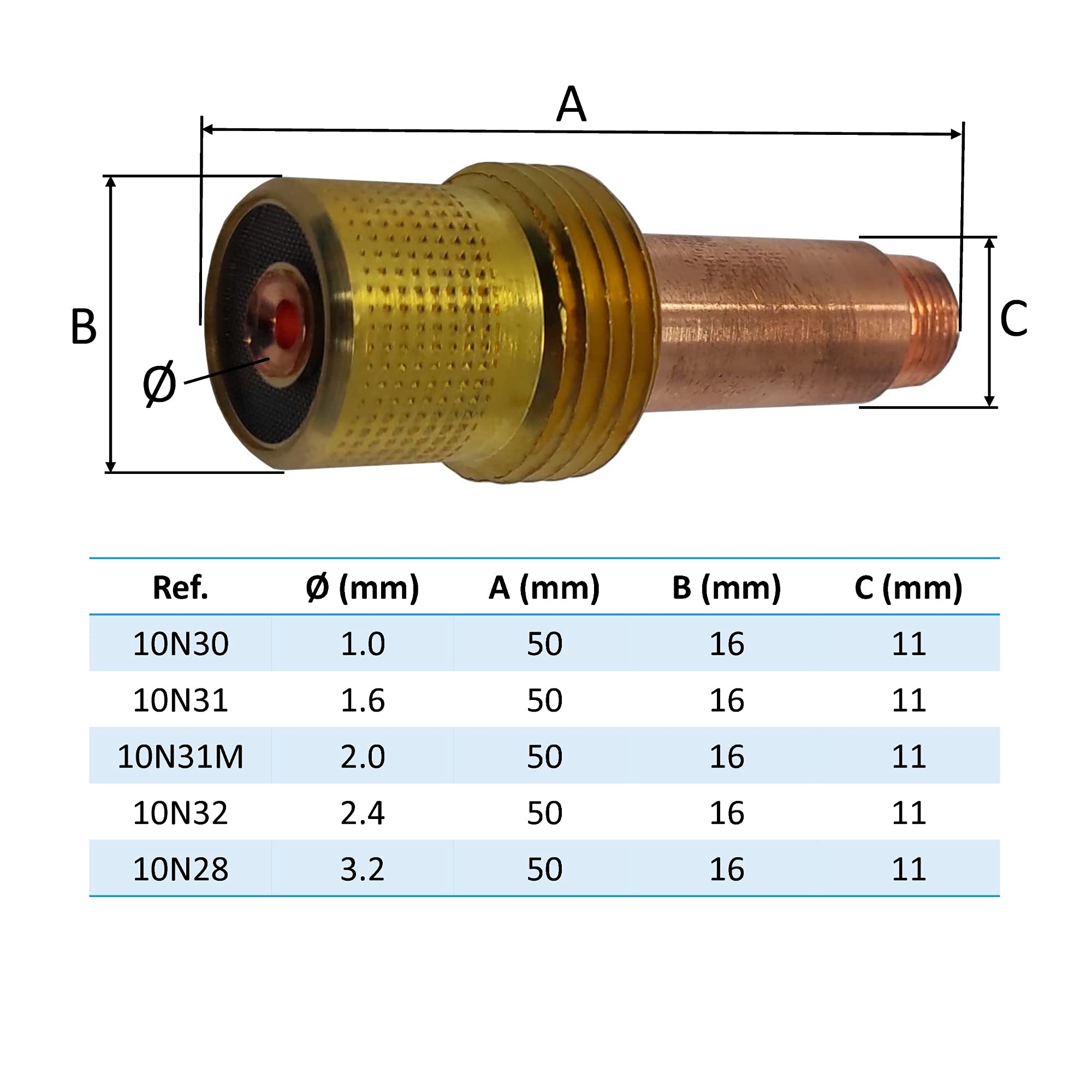 ELCAN Consumibles y accesorios profesionales para antorcha soldadura TIG serie WP 17 18 26 con toberas cerámicas, boquillas, difusores, tapones y porta-tungstenos. 44 piezas