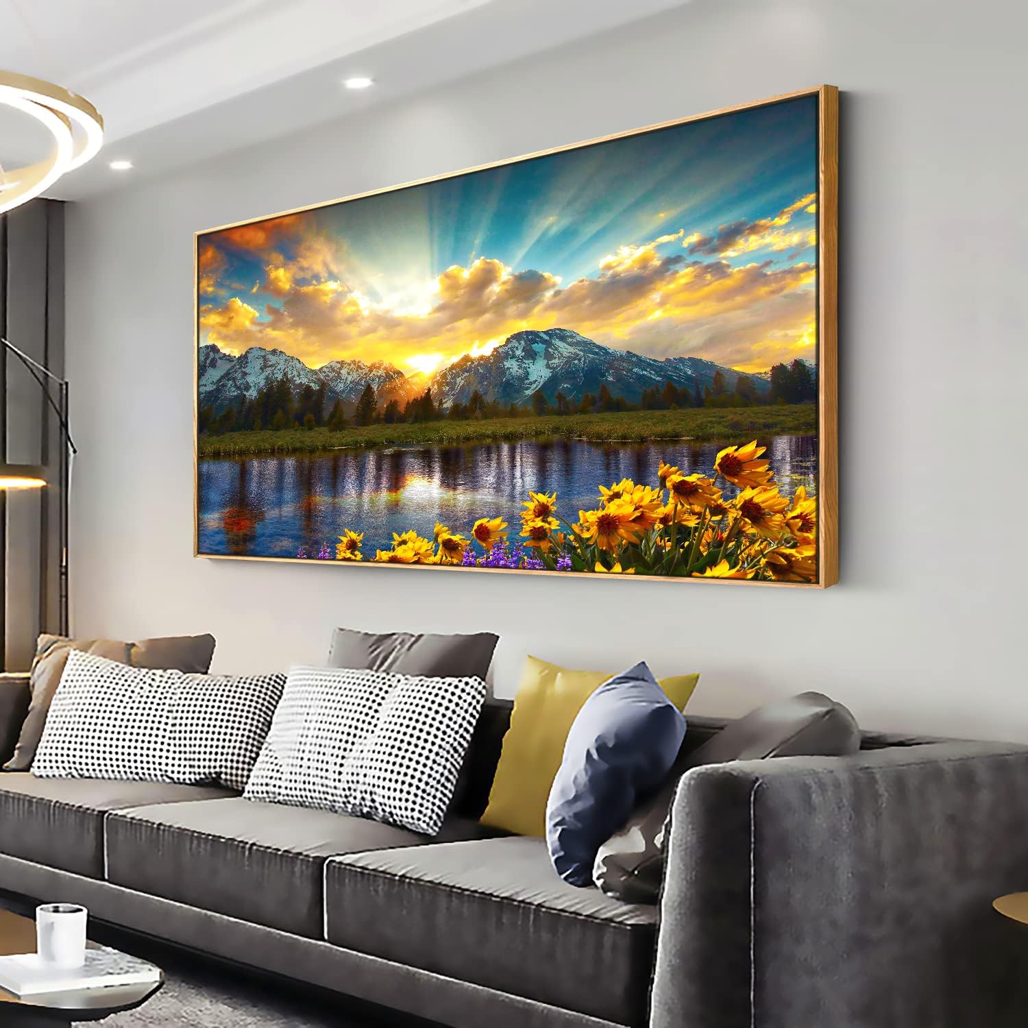 Framed Wall Art for Living Room, Mountain Landscape Picture Sunflower ...