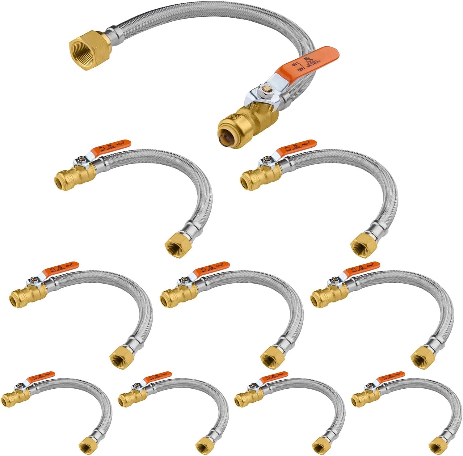 10-Pack HeSun 24-Inch Push-Fit Ball Valve Water Heater Connector, Push-to-Connect 3/4" x 3/4" FIP, Stainless Steel Flexible Heater Hose(HOSE024-10)