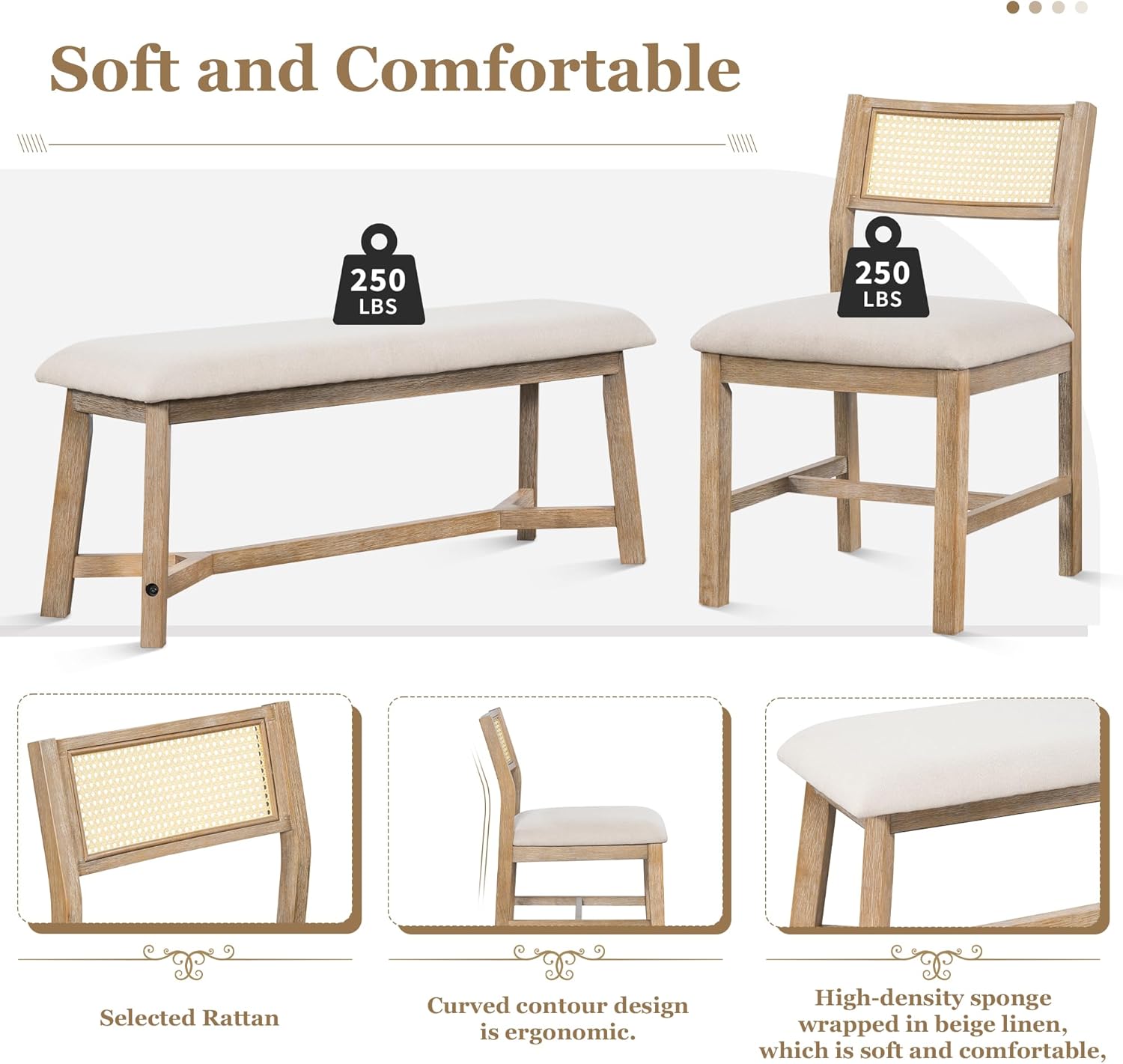 Image illustrating the comfort features of the dining chairs and bench