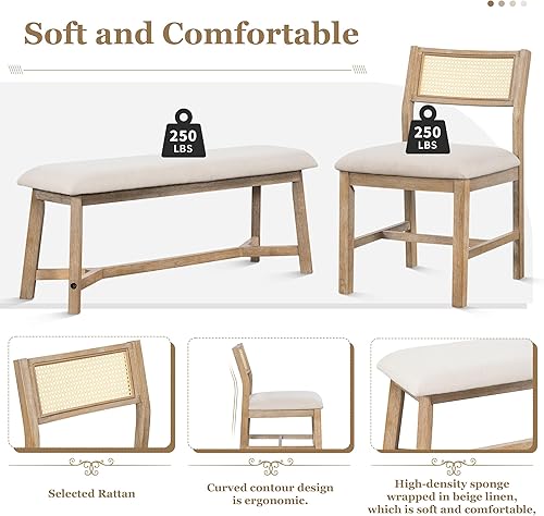 Miniatura 5 de Merax Juego de mesa de comedor retro de 6 piezas para 6, mesa rectangular de madera estilo granja con banco acolchado y cuatro sillas tapizadas y