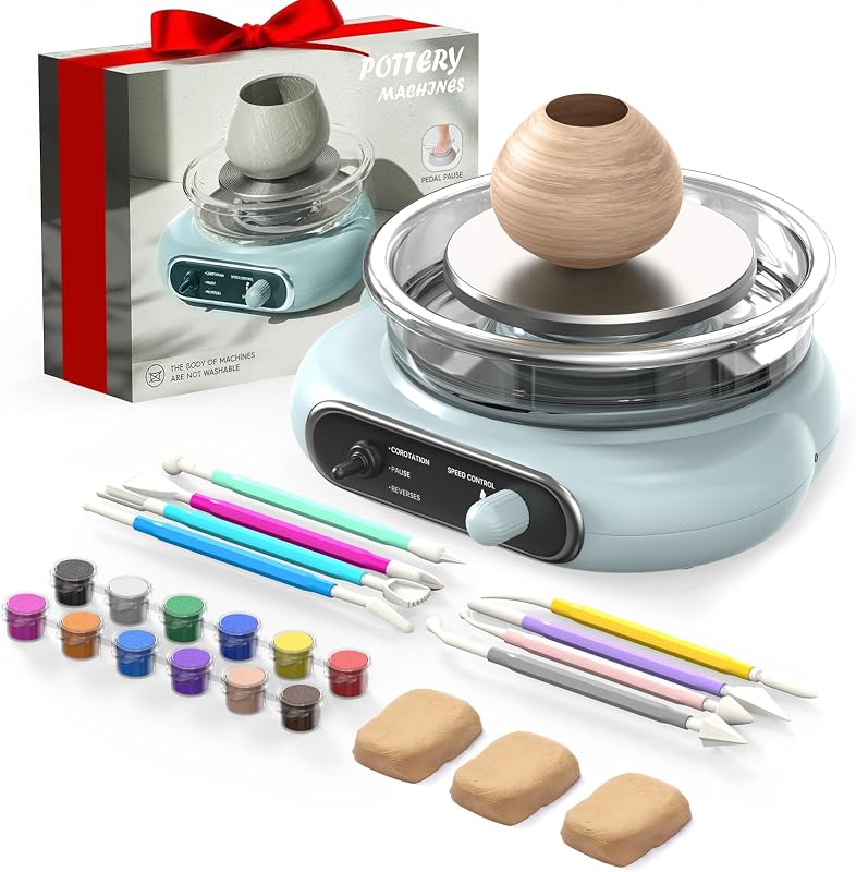 Alldeer Mini torno de cerámica para niños, adolescentes, principiantes | Plato giratorio de 4,7 pulgadas con pedal, velocidad ajustable, rueda de arcilla eléctrica con 8 herramientas de modelado, regalos de cumpleaños para niñas