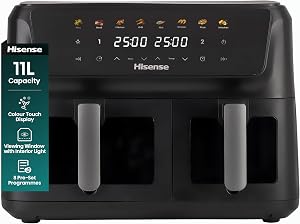 Hisense 11L Dual Zone Air Fryer – 2700W Energy-Saving Colour Touch Display Cooker with 8 Cooking Functions – Fries, Steak, Chicken, Grill, Fish, Shrimps, Pizza, Dehydrate, Black