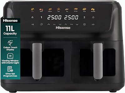 Hisense 11L Dual Zone Air Fryer – 2700W Energy-Saving Colour Touch Display Cooker with 8 Cooking Functions – Fries, Steak, Chicken, Grill, Fish, Shrimps, Pizza, Dehydrate, Black