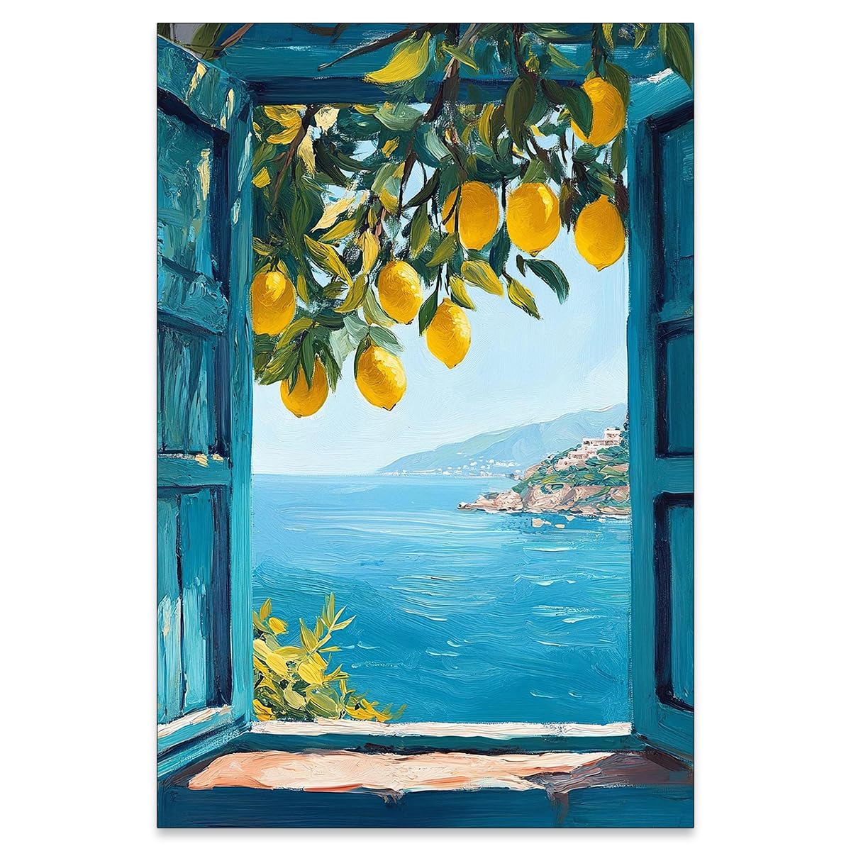 LMYSXAOZ Mediterranean Window View Wall Art Coastal Lemon Tree Blue Seascape Canvas Prints Modern Natural Landscape Pictures for Bedroom Living Room Decor