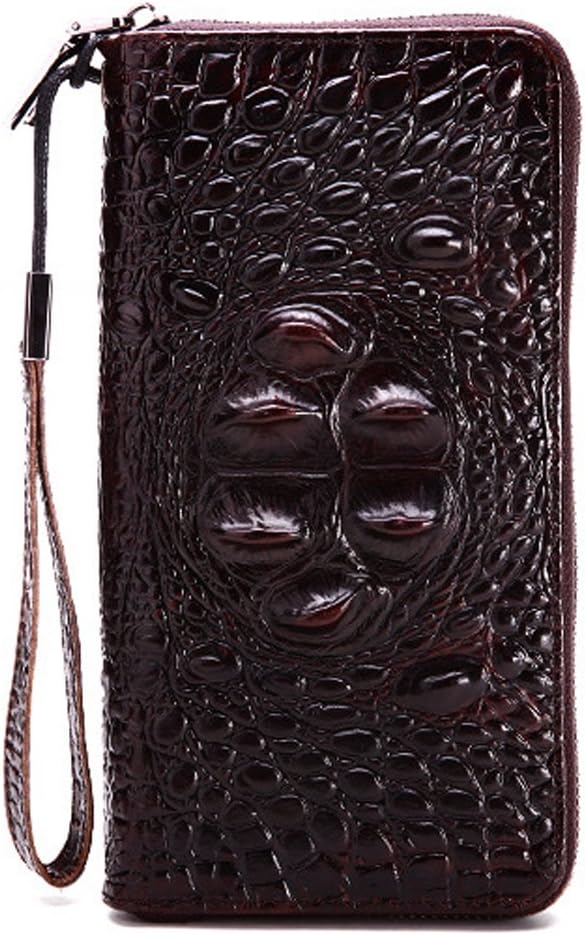 Men’s Business Vintage Genuine Cowhide Leather Crocodile Pattern Long Zipper Wallet Purse Embossing B