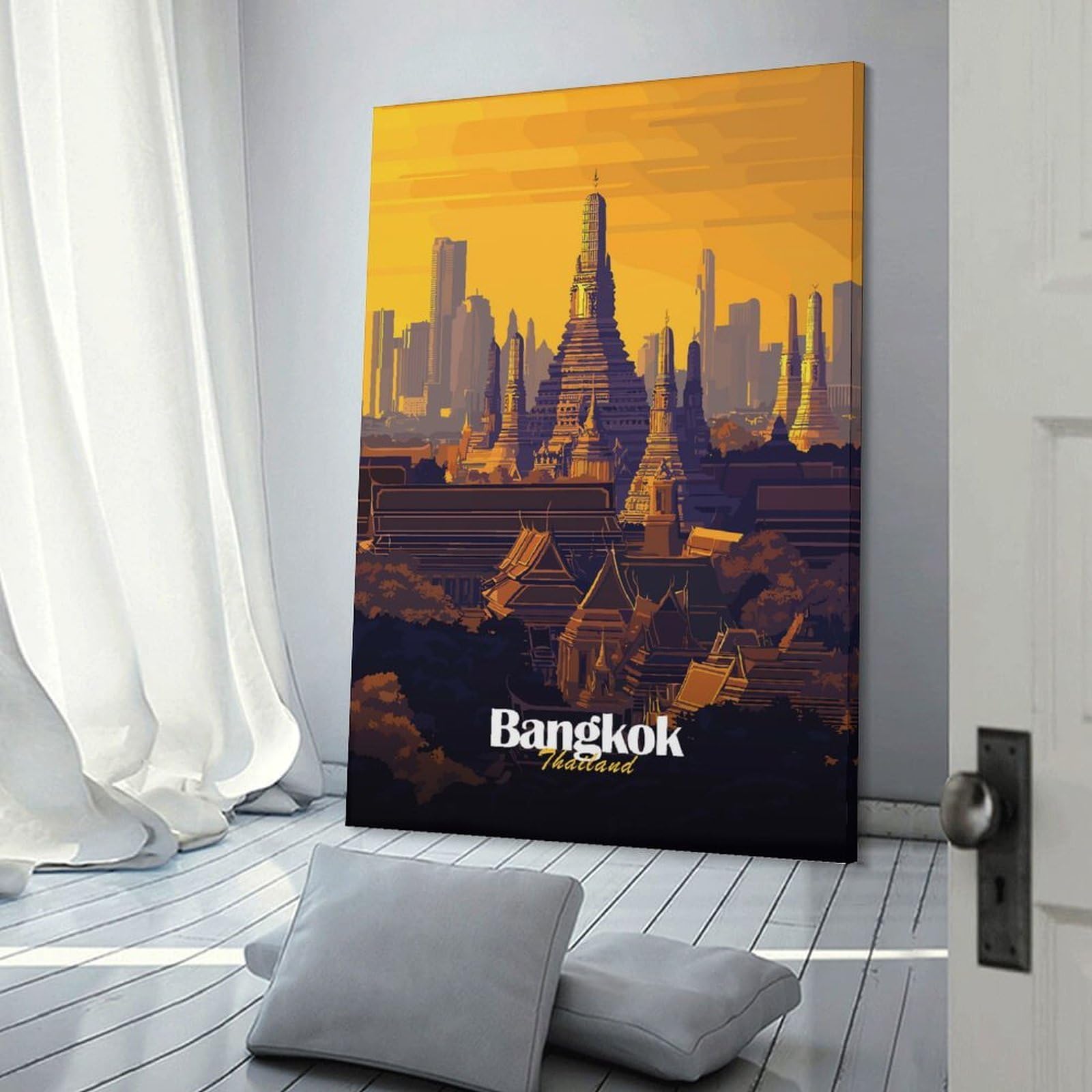 Junmoney Bangkok Temple Skyline Canvas Wall Picture, 20x30inch(50x75cm), for Flats, Guest Rooms Or Compact Rooms, An Easy Choice for New Home Styling