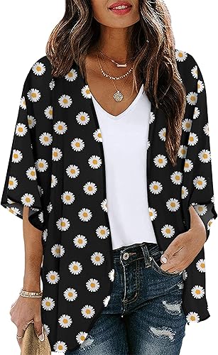Chunoy Cárdigan estilo kimono de gasa para mujer, ligero, con estampado floral, holgado, de manga corta, salida de baño, blusa para la playa