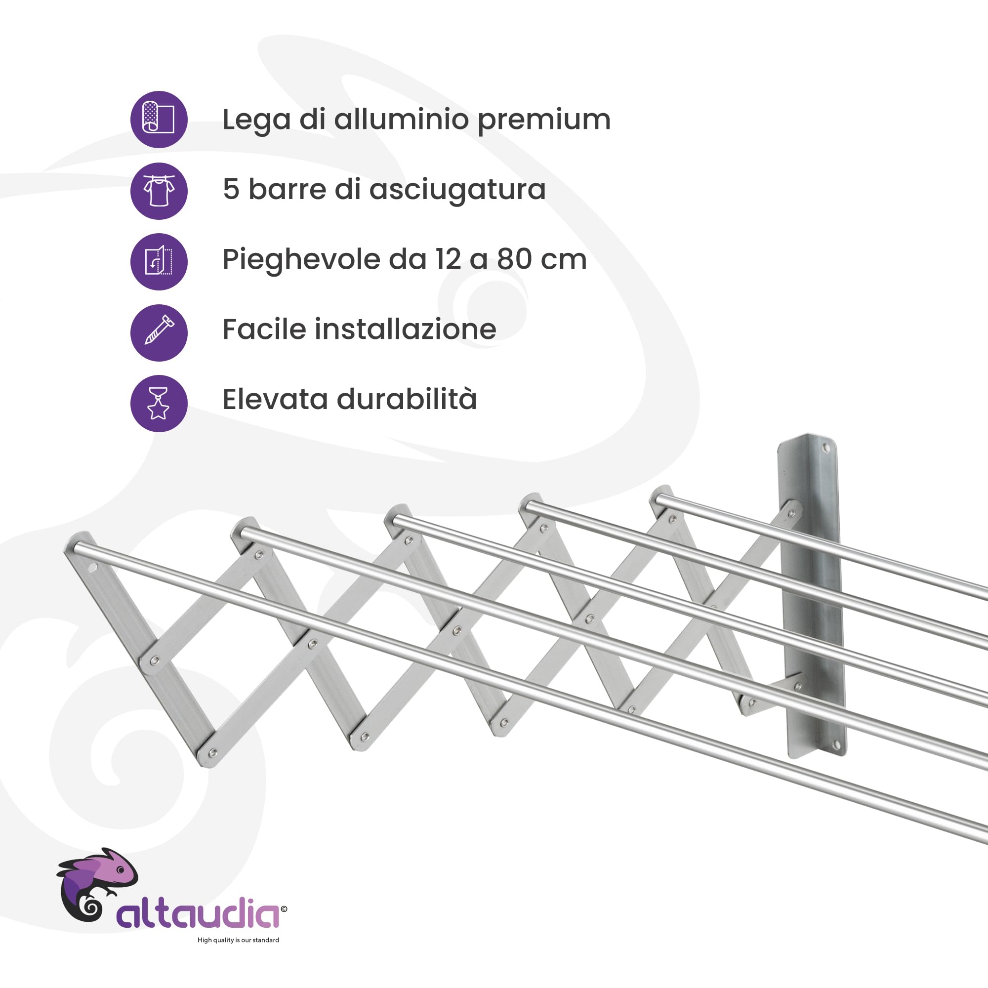 Stendibiancheria da Muro Richiudibile 120cm Antiossidante - 5 Tubi in Alluminio, Estensibile 12–80 cm, Montaggio a Parete Interno/Esterno, Salvaspazio, Installazione Facile