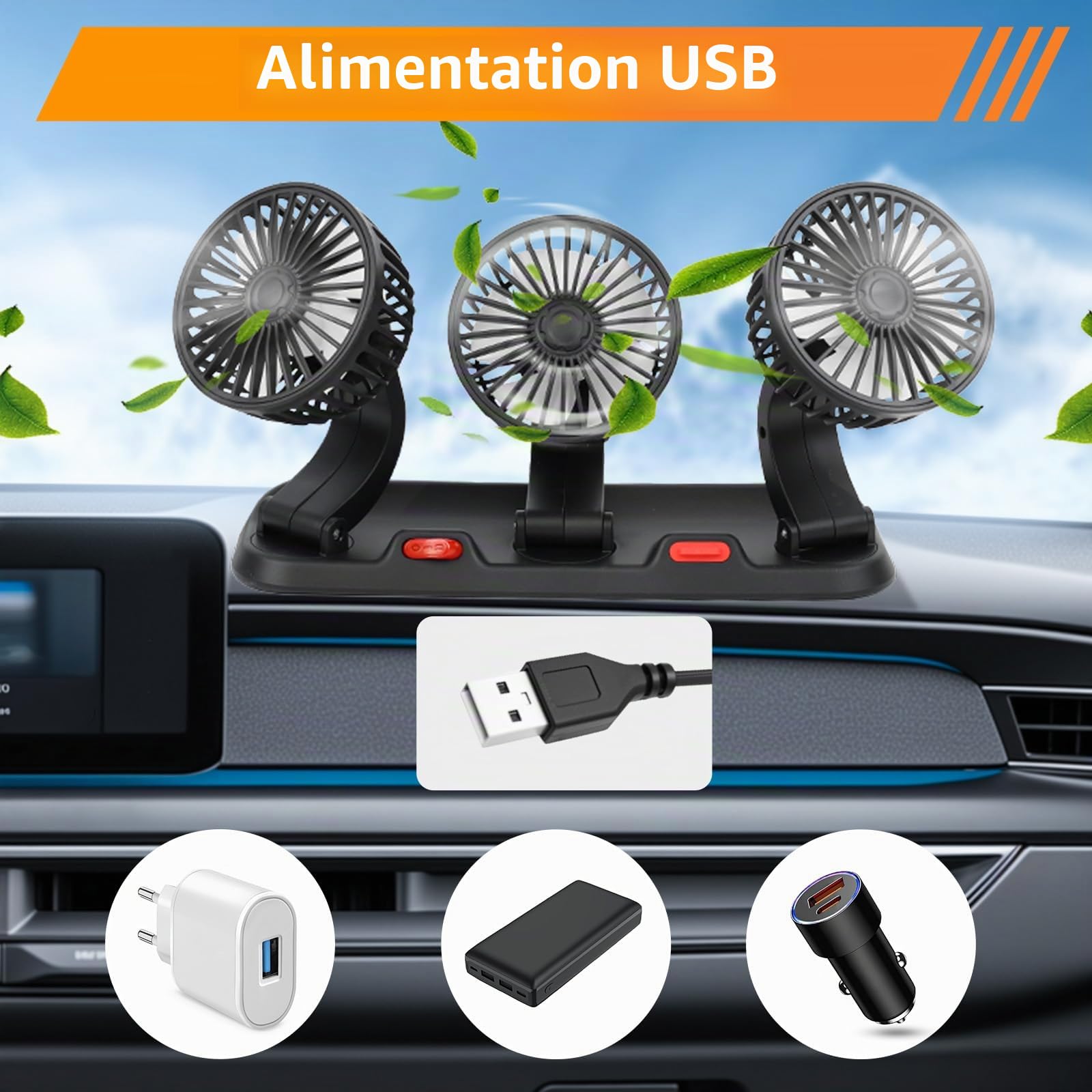 Baceyong Ventilateur de voiture, ventilateur automatique rotatif à 360 degrés 5 V électrique 3 têtes de circulation d'air de refroidissement, ventilateur d'air de refroidissement de voiture portable