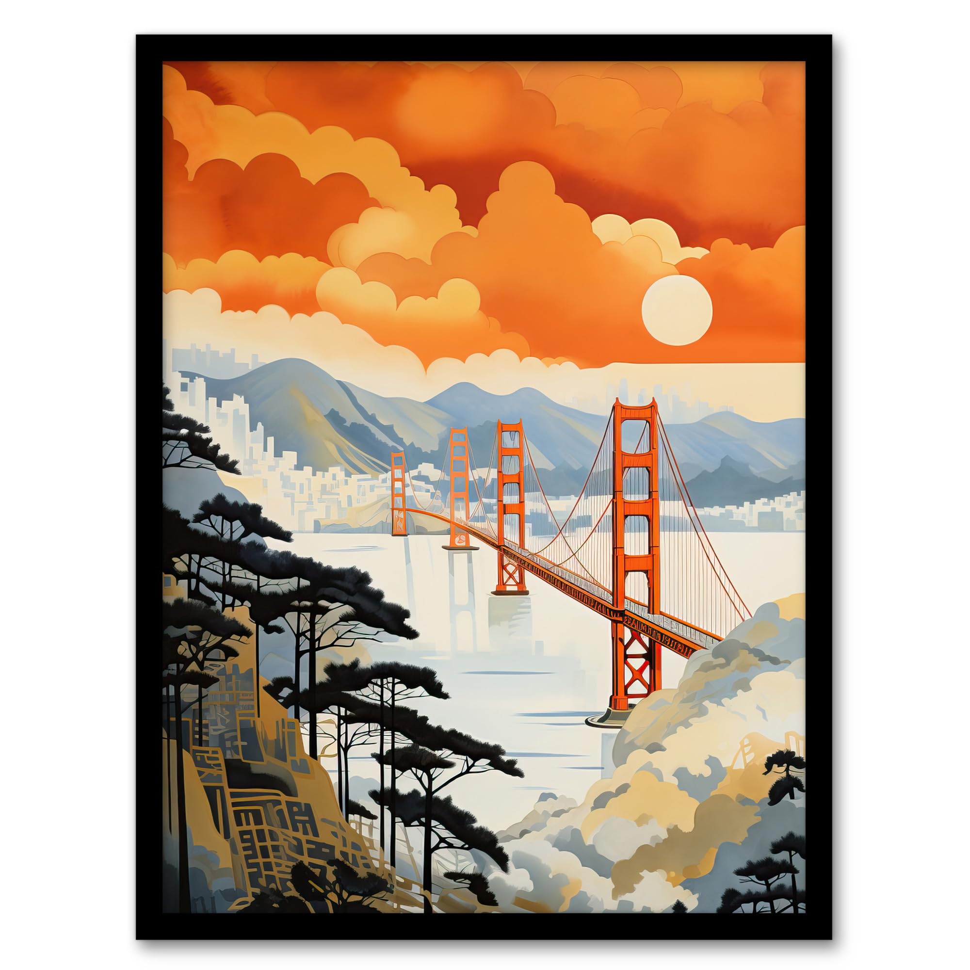 Wee Blue Coo Sunset San Francisco Oakland Bay Bridge Amber Orange Blue Pastel Colour Painting Artwork Framed Wall Art Print A4
