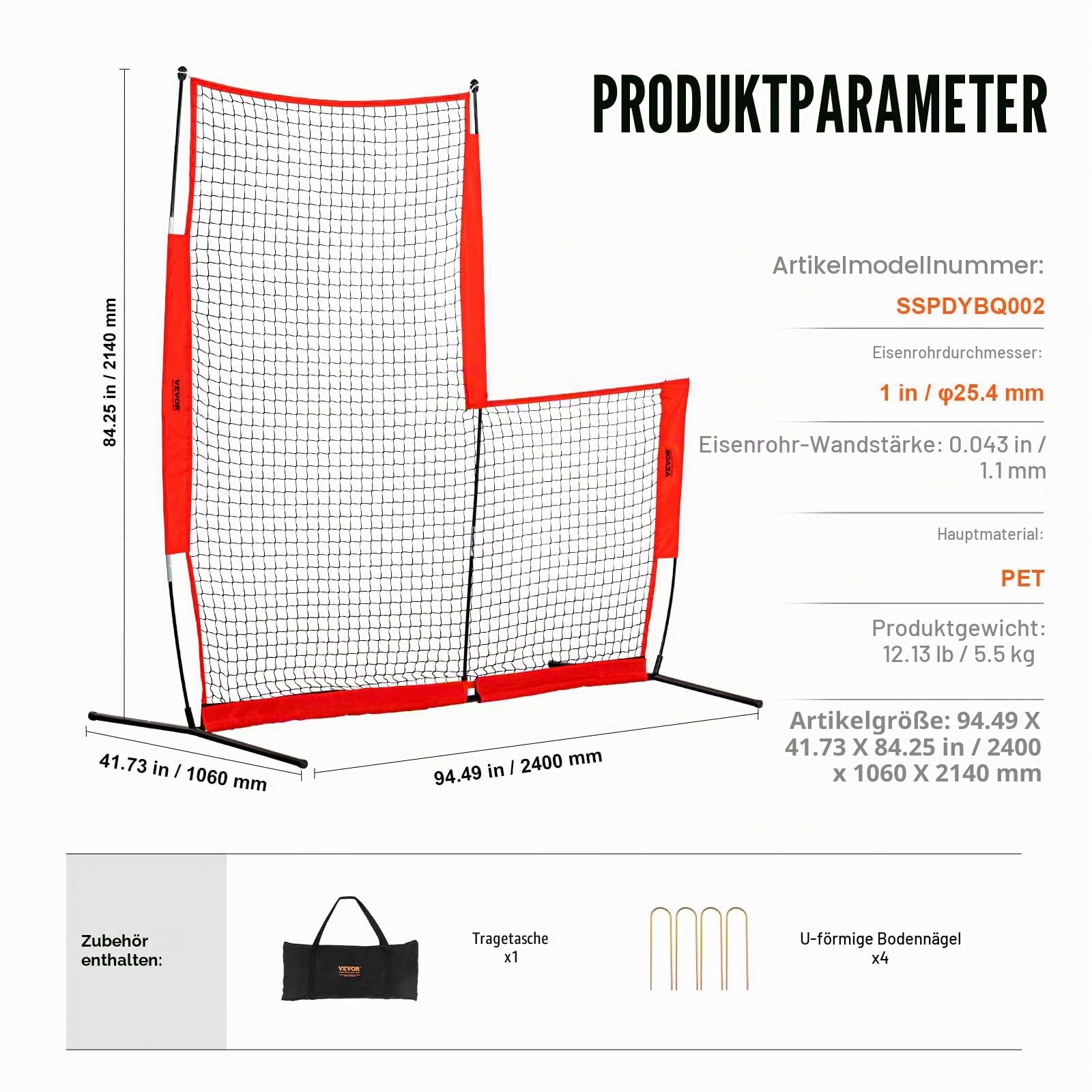VEVOR L-Typ für Schlägerkäfig 240 x 106 x 214 cm Baseball- und Softball-Sicherheitsschirm Körperschutz Tragbarer Schlagschirm mit Tragetasche & Bodenpfählen, Outdoor Baseball-Pitching-Netz Rot