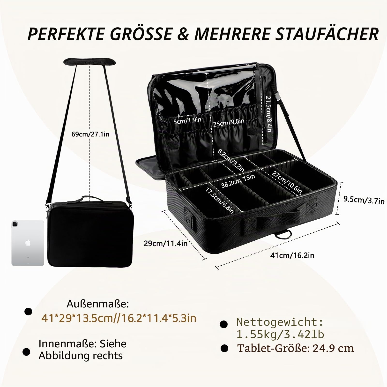 GZCZ Kosmetiktasche Kosmetikkoffer, 3 Lagen Große Kapazität Professionelle Make Up Organizer, wasserdichte Reise Portable Schminkkoffer mit Einstellbaren Teilern und Riemen für Frauen, 16,5"