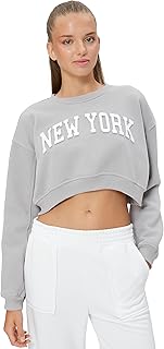 Şardonlu Crop Sweatshirt Slogan Baskılı Rahat Kesim Uzun Kollu