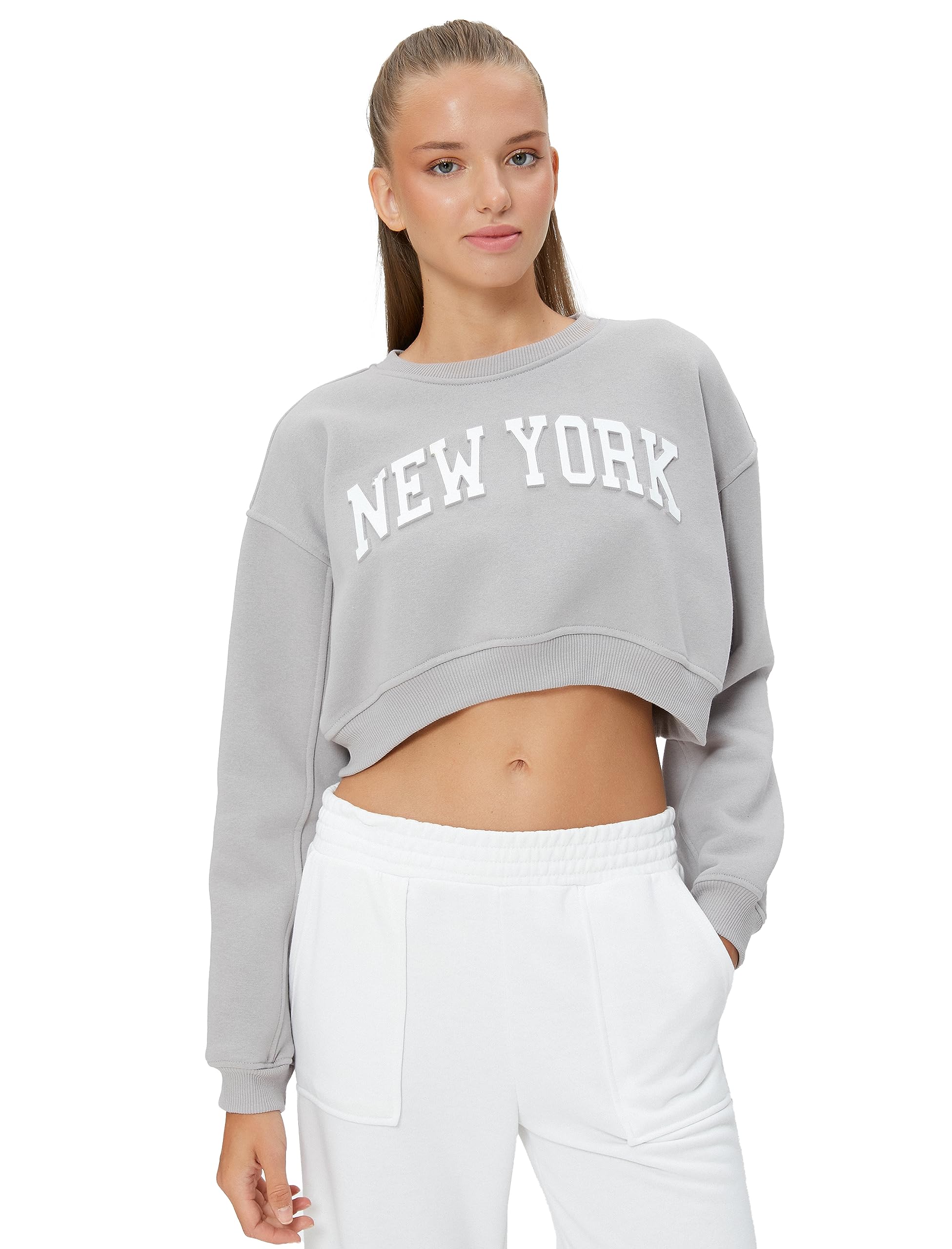 Şardonlu Crop Sweatshirt Slogan Baskılı Rahat Kesim Uzun Kollu