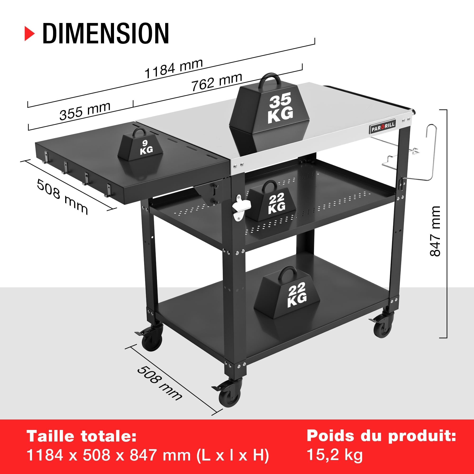 PARGRILL Chariot de Service en Acier Inoxydable à 3 Niveaux, Chariot Barbecue Extérieur avec Table d'appoint Pliable, Desserte à roulettes Pivotantes à 360° avec Frein, pour Cuisine, Barbecue, Jardin