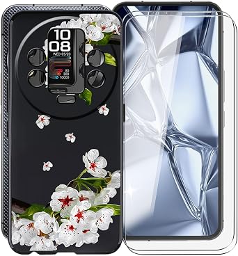for Oukitel WP200 Pro Case, with [ 2 x Screen Protector Tempered Glass Film], Black Soft Silicone Cover Shockproof Bumper Protection Case for Oukitel WP200 Pro 6.70" - Pear Blossom