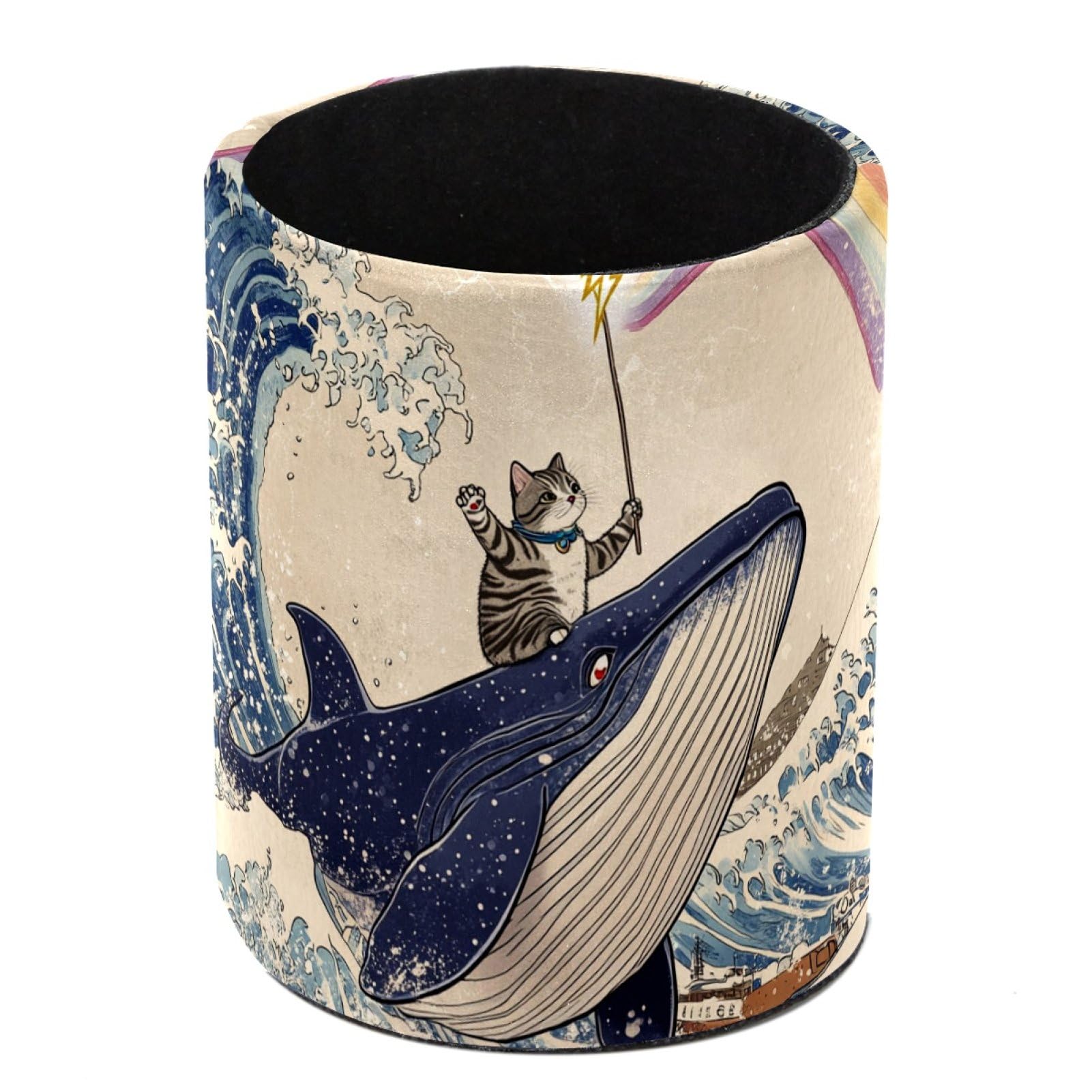 FWJZDSP Cat Whale Ocean Wave PU Leather Pencil Organizer, Makeup Brush Holder, Office Decor and Desk Accessories Durable
