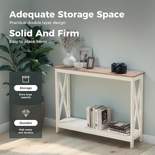 Miniatura 15 de MAISON ARTS Mesa auxiliar de granja de 39 pulgadas, juego de mesa auxiliar de 2 niveles con almacenamiento para sala de estar, mesa central rústica