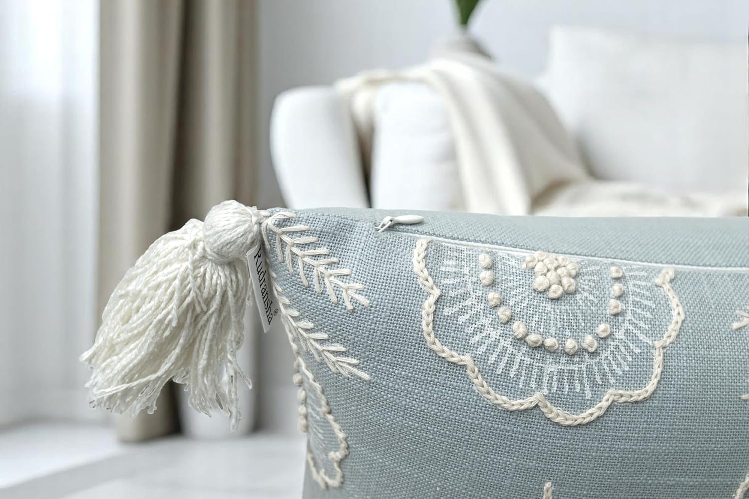 Rudransha Hand Embroidered Pillow Cover 12x20 Inch Blue Grey Cotton - Trina Floral Robins Egg