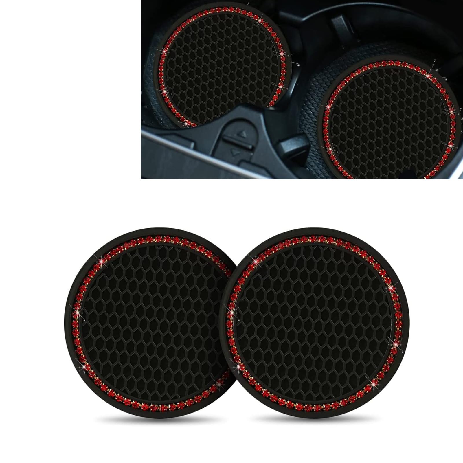 2 PCS Bling Car Cup Coaster, 2.75" Crystal Rhinestone Non-Slip Insert Coaster Pad, Silicone Insulation Drink Mat Compatible with Most Cars and Trucks (Black & Red)